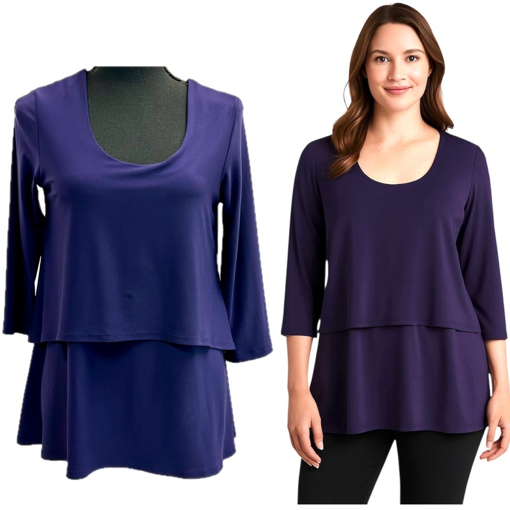 Sympli Cascade Jersey 3/4 Sleeve Tiered Top blouse dark purple indigo Sz 6